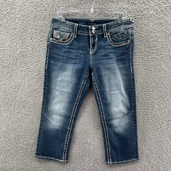 Vigoss Dublin Capri Jeans Womens 9/10 Blue Stretch Denim Heavy Stitching - Picture 1 of 10